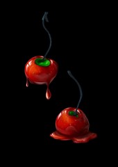 Toxic green Cherries with liquid caramel. Isolated on black background. Digital illustration 