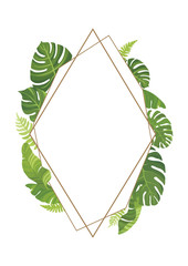 Tropical green leaves geometric frame template. Floral border with place for text. Vector illustration.