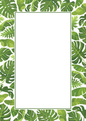 Tropical green leaves frame template. Floral border with place for text. Vector illustration.