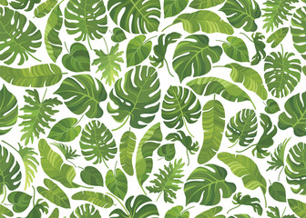 Fototapeta na wymiar Seamless pattern with different tropical green leaves. Vector illustration.