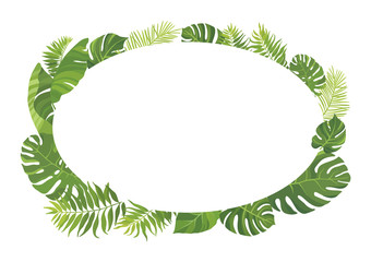Tropical green leaves frame template. Floral border with place for text. Vector illustration.