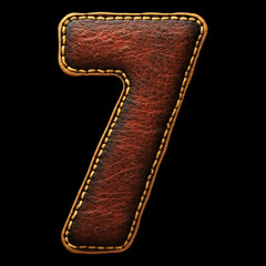 Number 7 made of leather. 3D render font with skin texture on black background.