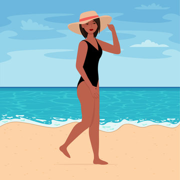 Girl in swimsuit and hat on the beach. Summer concept. Vector illustration in flat style.