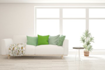 White living room with sofa. Scandinavian interior design. 3D illustration