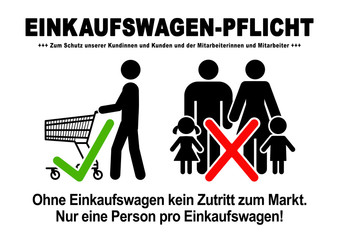 ds95 DiskretionSchild - german text: Einkaufswagenpflicht. - Ohne Einkaufswagen kein Zutritt zum Markt. - Nur eine Person pro Einkaufswagen - Häkchen und X - Druckvorlage DIN A1 A2 A3 A4 - xxl g9416