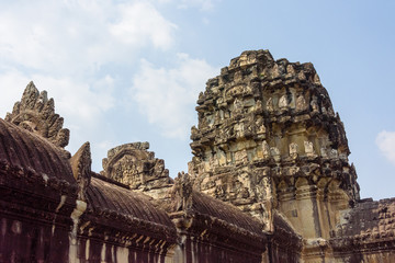Distinctive stupa towers on the roof of the UNESCO World Heritage Site of Angkor Wat, Siem Reap,...