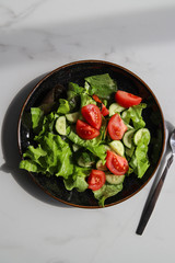 Fresh summer vegetable salad with tomatoes, cucumber, lettuce and olive oil. Healthy food for vegetarian or vegan