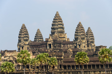 Fototapeta na wymiar Distinctive stupa towers on the roof of the UNESCO World Heritage Site of Angkor Wat, Siem Reap, Cambodia