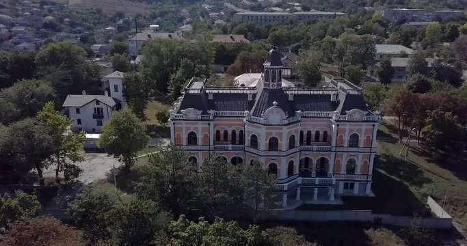 HINCESTI, MOLDOVA, Aerial Drone view of Manuc Bei Mansion or Manuc Bey Mansion. Historical architectural complex is located in Hincesti city in the central-western part of the Rep. Of Moldova