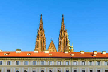 Spires of the Old Royal Palace towering over Matthias' Gate, Prague, Czech Republic