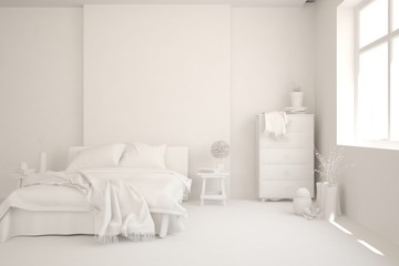 Modern bedroom in white color. Scandinavian interior design. 3D illustration