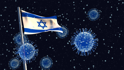 Obraz na płótnie Canvas 3D illustration concept of an Israeli flag waving on a flagpole with coronaviruses in the background and foreground.