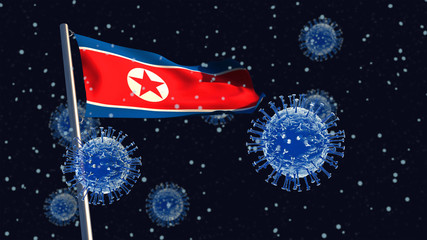 Obraz na płótnie Canvas 3D illustration concept of a North Korean flag waving on a flagpole with coronaviruses in the background and foreground.