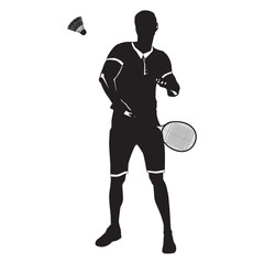 Badminton player with racket and shuttlecock, black silhouette, vector illustration