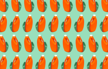 Pattern of lush lava color detergent bottles with mockup on background of aqua menthe color.