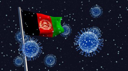 Obraz na płótnie Canvas 3D illustration concept of an Afghan flag waving on a flagpole with coronaviruses in the background and foreground.