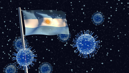 Obraz na płótnie Canvas 3D illustration concept of an Argentine flag waving on a flagpole with coronaviruses in the background and foreground.
