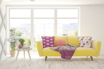White living room with sofa. Scandinavian interior design. 3D illustration