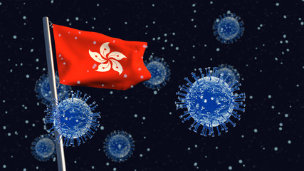 Obraz na płótnie Canvas 3D illustration concept of a Hong Kong flag waving on a flagpole with coronaviruses in the background and foreground.