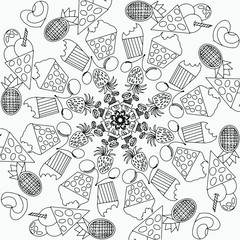 mandala for coloring with fruits and muffins vector, coloring book, isolated