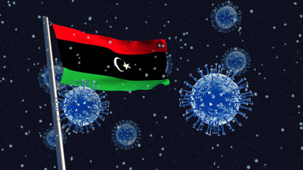 3D illustration concept of a Libyan flag waving on a flagpole with coronaviruses in the background and foreground.