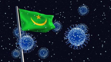 Obraz na płótnie Canvas 3D illustration concept of a Mauritanian flag waving on a flagpole with corona viruses in the background and foreground.