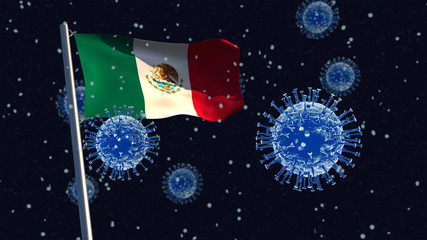 Obraz na płótnie Canvas 3D illustration concept of a Mexican flag waving on a flagpole with corona viruses in the background and foreground.