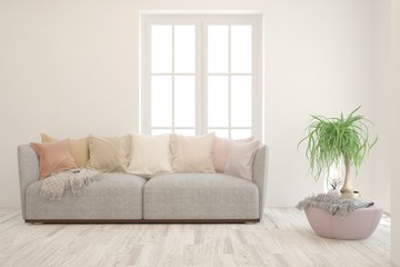 White living room with sofa. Scandinavian interior design. 3D illustration