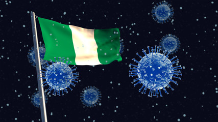 Obraz na płótnie Canvas 3D illustration concept of a Nigerian flag waving on a flagpole with corona viruses in the background and foreground.