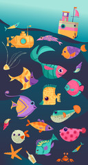 Underwater world. Variety of swimming multicolored fish.