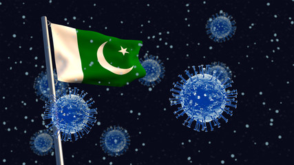 3D illustration concept of a Pakistani flag waving on a flagpole with corona viruses in the background and foreground.