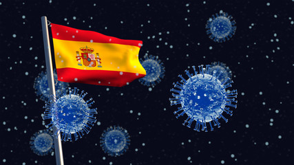 Obraz na płótnie Canvas 3D illustration concept of a Spanish flag waving on a flagpole with coronaviruses in the background and foreground.