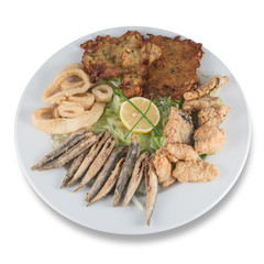 Fried fish dish with anchovies, squid, marinade and shrimp fritters.