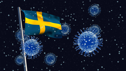 3D illustration concept of a Swedish flag waving on a flagpole with coronaviruses in the background and foreground.