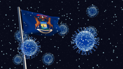 3D illustration concept of a Michigan state flag waving on a flagpole with corona viruses in the background and foreground.