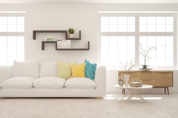 White living room with sofa. Scandinavian interior design. 3D illustration