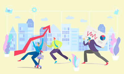 Business chart vector illustration with businessman holding graph arrow sitting on chair. Business man runs with financial diagram on placard. Success, growth and achievement concept. Flat style.