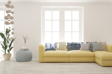 Obraz na płótnie Canvas White living room with sofa. Scandinavian interior design. 3D illustration