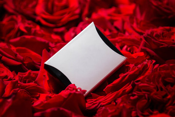 A gift white box with black edges lies in red roses.