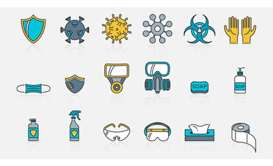Virus protection outline color vector icon set