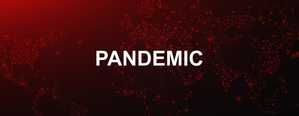 Contagious disease outbreak. Illustration with word PANDEMIC on dark red background, panorama