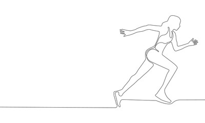 Naklejka na ściany i meble Continuous line drawing of Young woman runner on city road vector illustration for a whiteboard animation video. Outline girl running, silhouette jogger person isolated on white background.