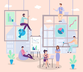 Coworking open space office interior vector illustration. Coworker cartoon characters on workspace. Business people teamwork. Woman with laptop drinks coffee. Man sitting near chart. Corporate meeting