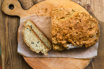 Fresh homemade crisp bread, top view. French bread. Bread at leaven. Unleavened bread. Bread on a...