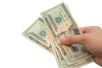 Hand holding money dollars isolated on white background.