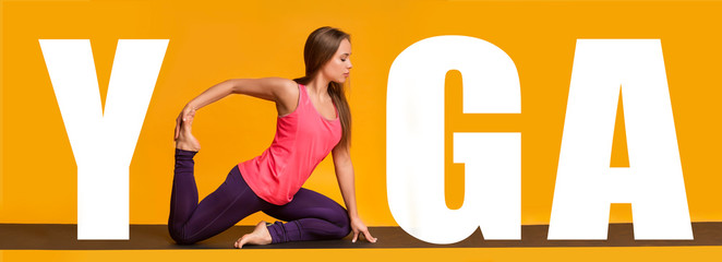 Flexible young woman exercising over yellow background with white yoga inscription