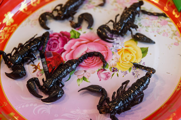 Plate of deep fried scorpions for sale at a Thai street food market stall, Phuket, Thailand