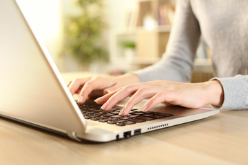 Woman hands typing on laptop sitting at home
