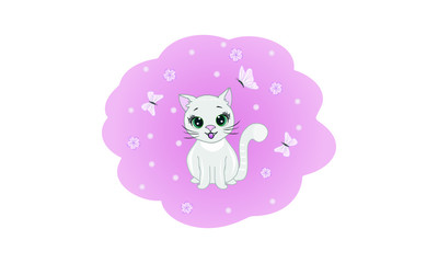 Vector illustration. A smiling kitten sits around flowers and butterflies. Baby card.