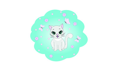 Vector illustration. A smiling kitten sits around flowers and butterflies. Baby card.